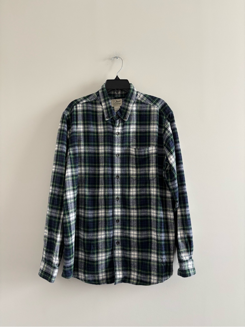 VTG L.L.Bean Button Up Shirt Plaid Flannel Green Navy Men M Preppy Fisherman 90s